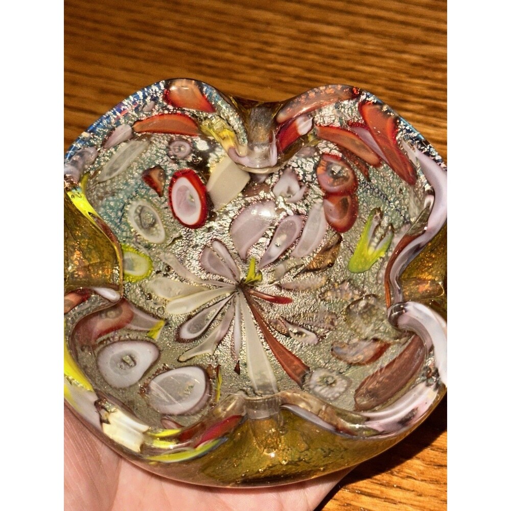 VTG Murano AVeM Art Glass Tutti Frutti Confetti Aventurine Leaf Bowl Ashtray 5in